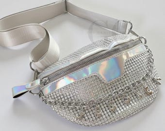パーソナライズされたフェスティバルファニーパックラインストーンクロスボディバッグカスタムネームチャームシルバーブリンパーティーバッグ