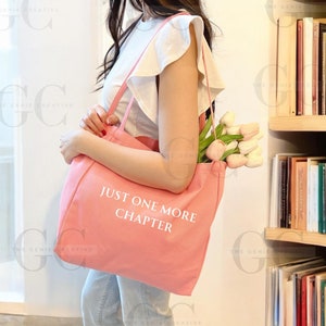 Just One More Chapter Sac fourre-tout pour cartable Cadeau pour amoureux des livres Cadeau club de lecture pour femme Sac fourre-tout en toile Cartable de rentrée Cadeau rat de bibliothèque