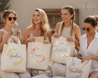 Birth Flower Tote Bag Personalized Canvas Tote Custom Name Bridesmaid Gift Wildflower Floral Bag for Women