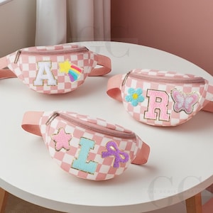 Personalisierte Kinder Chenille Patch Gürteltasche — Individuelle karierte Nylon Umhängetasche, Mädchen Reise & Alltag Gürteltasche Geschenk für Kind