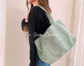 Large Corduroy Tote Bag Minimalist Canvas Bag Embroidery Personalized Corduroy Shoulder Tote Bags School Bag Everyday Bag Daily Bag Women