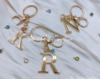 Custom Initial Keychain Gold Letter Keychain with Birthstone Keyring Personalized Key Chain Birthday Gift Bridesmaid Gift Handmade Gift