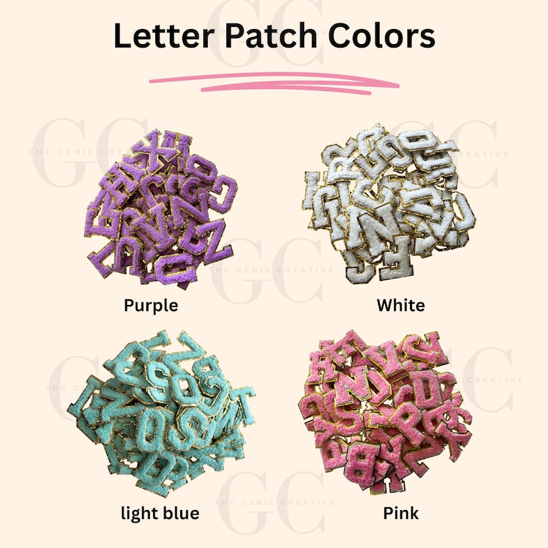 May include: Assortment of fuzzy letter patches in four colors: purple, white, light blue, and pink. Each letter patch has a gold outline.