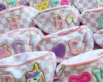 Personalized Kids Chenille Patch Fanny Pack — Custom Plaid Nylon Crossbody Bag, Girl Travel & Everyday Belt Bag Gift for Kid