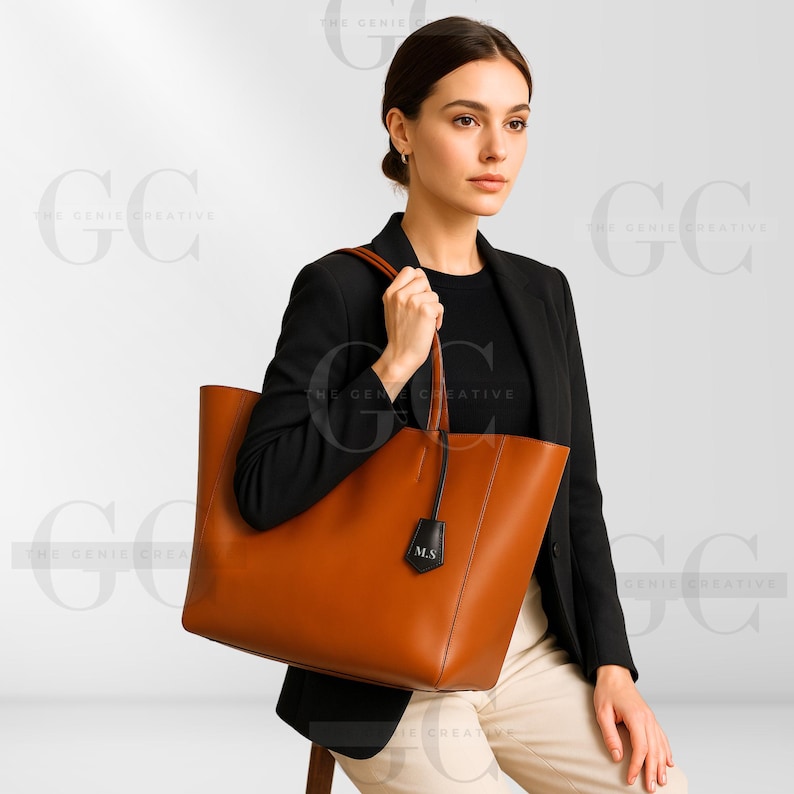 May include: A brown leather tote bag with black handles and a black leather tag with the initials "M.S." on it. The bag is being held by a person wearing a black blazer and beige pants.