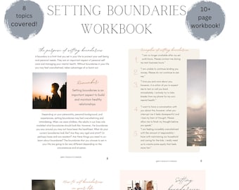 May include: A workbook with the title "Setting Boundaries" with a pink and white background. The workbook covers topics such as the purpose of setting boundaries, examples of setting boundaries, how to set boundaries in your life, and setting boundaries: effective communication.