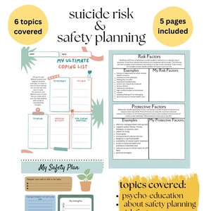 suicide risk and safety planning bundle, risk assessment, safety concerns, mental health, therapy tools, therapy worksheets, printable tools