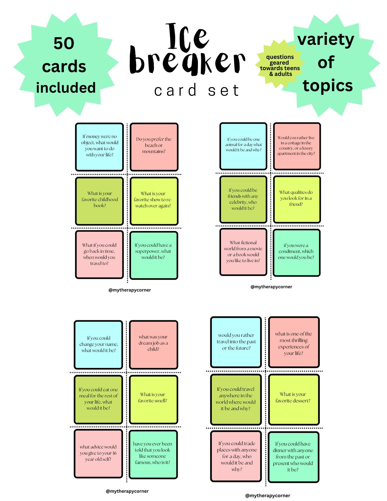 Ice breaker question set of 50 cards group therapy tools fun