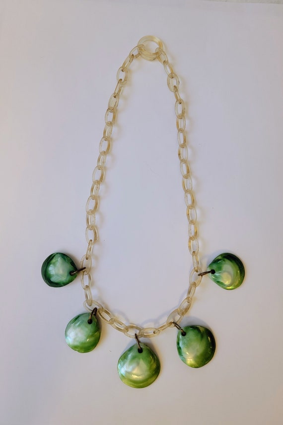 1930's Clear Celluloid and Green Shell Necklace