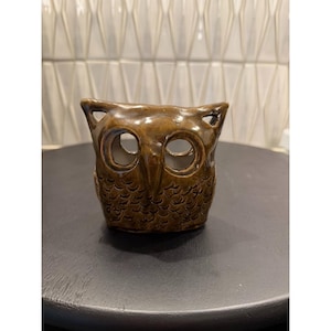 MCM Vintage Brutalist Brown Ceramic Owl Statue Figurine - 4" tall