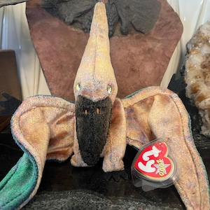 May include: A plush pterodactyl toy with iridescent wings and a black beak. The toy has a red heart-shaped tag that reads "Ty 2000". The wings are a mix of tan, blue, and green.