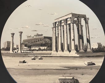 Piatto greco d'epoca - Paesaggio di Atene - Piatto testurizzato