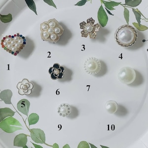 May include: Ten different pearl and rhinestone embellishments in various shapes and sizes, including a heart, flowers, and circles. The embellishments are arranged on a white plate with green leaves.