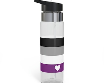 May include: A clear plastic water bottle with a black lid and a black, gray, white, and purple striped design. The bottle has a white heart on the purple stripe.