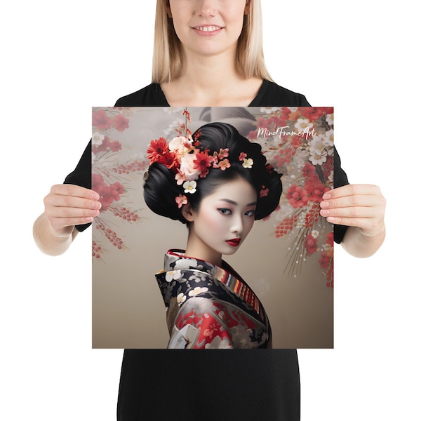 Japanese painting of Beautiful Geisha, a living masterpiece framed by the delicate harmony of nature and culture