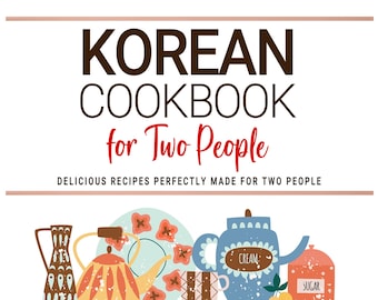 Puede incluir: Ilustración colorida de un libro de cocina coreana titulado "KOREAN COOKBOOK for Two People" con utensilios de cocina y el nombre del autor, Jisu Park. La imagen presenta teteras, tazas y utensilios.