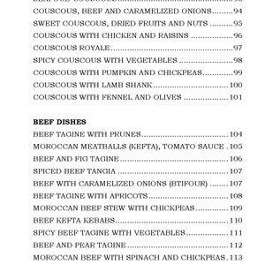 Op de afbeelding: Een pagina uit een kookboek met een lijst van couscous- en rundvleesgerechten. De tekst bevat recepten zoals "Couscous met zeven groenten" en "Rundvlees tajine met pruimen". Het paginanummer is 205.