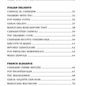 Op de afbeelding: Een zwart-wit menu met verschillende desserts met cannabis-ge&iuml;nfuseerde ingredi&euml;nten. Het menu is getiteld "Italiaanse lekkernijen" en "Franse elegantie".