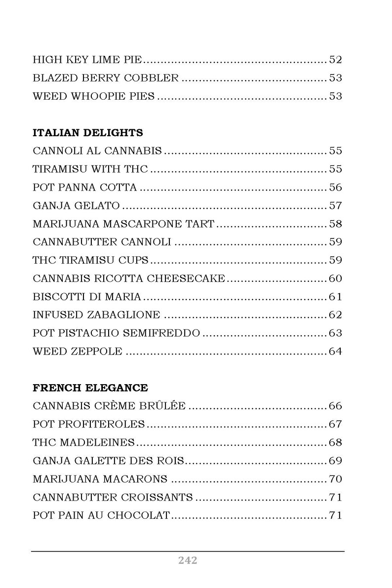 Op de afbeelding: Een zwart-wit menu met verschillende desserts met cannabis-ge&iuml;nfuseerde ingredi&euml;nten. Het menu is getiteld "Italiaanse lekkernijen" en "Franse elegantie".