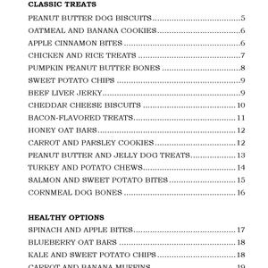 Puede incluir: Una lista en blanco y negro de recetas de golosinas para perros con el t&iacute;tulo "Recipe List" y dos secciones: "Classic Treats" y "Healthy Options". La lista incluye los nombres de las golosinas y el n&uacute;mero de p&aacute;gina donde se puede encontrar la receta.