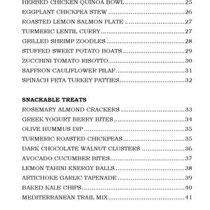 Op de afbeelding: Een zwart-wit menu met een lijst van troostende diners en hapjes. Het menu bevat gerechten zoals gebakken kabeljauw met tomaten, gekruide kip quinoa kom, aubergine kikkererwten stoofpot, geroosterde citroen zalm plaat, kurkuma linzen curry, gegrilde garnalen zoodles, gevulde zoete aardappel boten, courgette tomaat risotto, saffraan bloemkool pilaf, spinazie feta kalkoen pasteitjes, rozemarijn amandel crackers, Griekse yoghurt bessen hapjes, olijf hummus dip, kurkuma geroosterde kikkererwten, donkere chocolade walnoot clusters, avocado komkommer hapjes, citroen tahini energie ballen, artisjok knoflook tapenade, gebakken boerenkool chips en mediterrane trail mix. De prijzen voor elk gerecht staan ​​naast de naam van het gerecht.