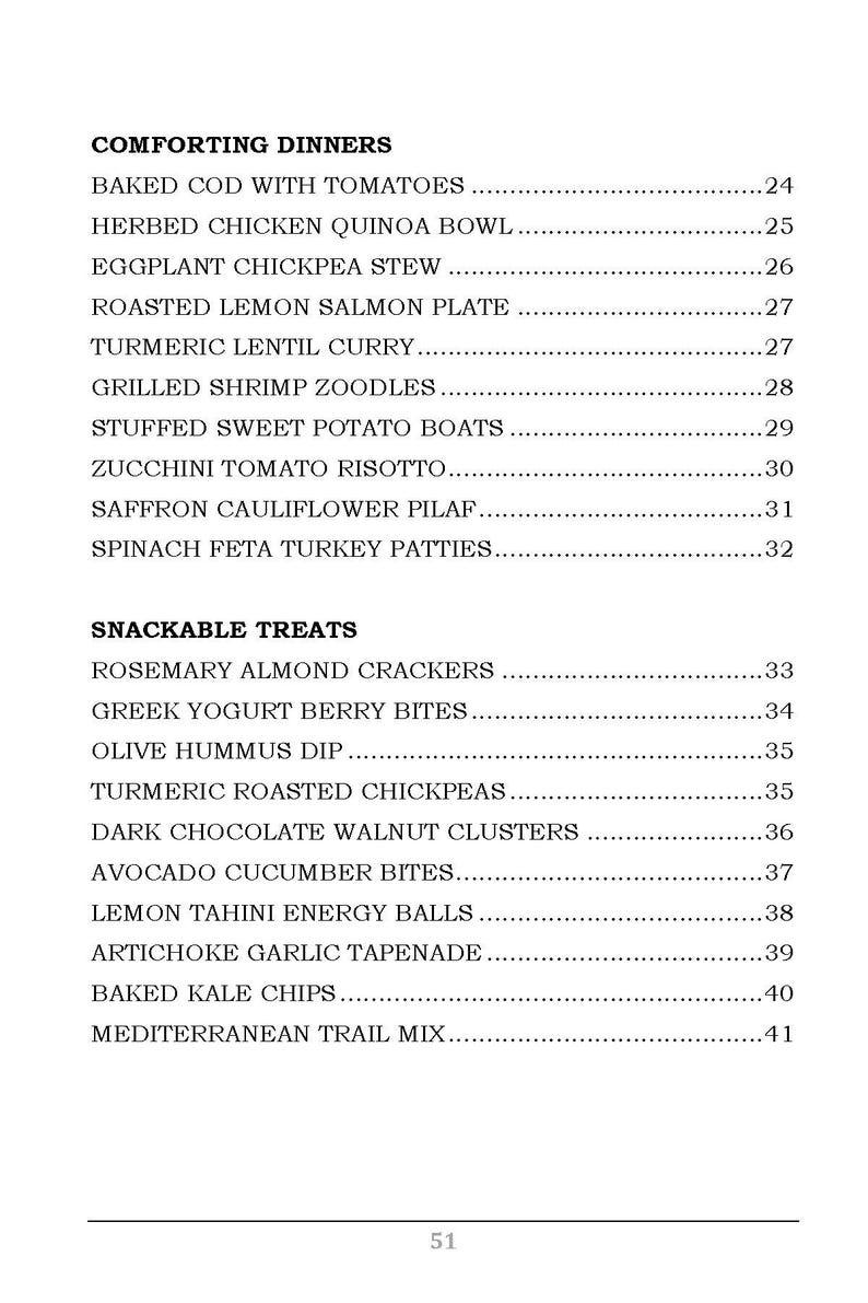 Op de afbeelding: Een zwart-wit menu met een lijst van troostende diners en hapjes. Het menu bevat gerechten zoals gebakken kabeljauw met tomaten, gekruide kip quinoa kom, aubergine kikkererwten stoofpot, geroosterde citroen zalm plaat, kurkuma linzen curry, gegrilde garnalen zoodles, gevulde zoete aardappel boten, courgette tomaat risotto, saffraan bloemkool pilaf, spinazie feta kalkoen pasteitjes, rozemarijn amandel crackers, Griekse yoghurt bessen hapjes, olijf hummus dip, kurkuma geroosterde kikkererwten, donkere chocolade walnoot clusters, avocado komkommer hapjes, citroen tahini energie ballen, artisjok knoflook tapenade, gebakken boerenkool chips en mediterrane trail mix. De prijzen voor elk gerecht staan ​​naast de naam van het gerecht.