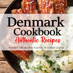 May include: A cookbook cover featuring a close-up of a black skillet with crispy fried bacon, creamy white sauce, and boiled potatoes. The title reads "Denmark Cookbook Authentic Recipes" with the tagline "The rich and diverse flavors of Danish cuisine". The author's name is "Karen G. Jensen".