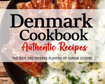 May include: A cookbook cover featuring a close-up of a black skillet with crispy fried bacon, creamy white sauce, and boiled potatoes. The title reads "Denmark Cookbook Authentic Recipes" with the tagline "The rich and diverse flavors of Danish cuisine". The author's name is "Karen G. Jensen".