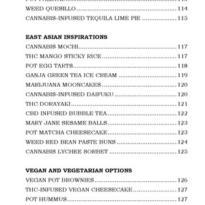 Op de afbeelding: Een menu met verschillende eet- en drankitems met cannabis-ge&iuml;nfuseerde ingredi&euml;nten. Het menu is onderverdeeld in drie secties: CBD Pastel de Tres Leches, Oost-Aziatische inspiraties en Veganistische en Vegetarische opties. Elk item wordt vermeld met een overeenkomstig nummer.