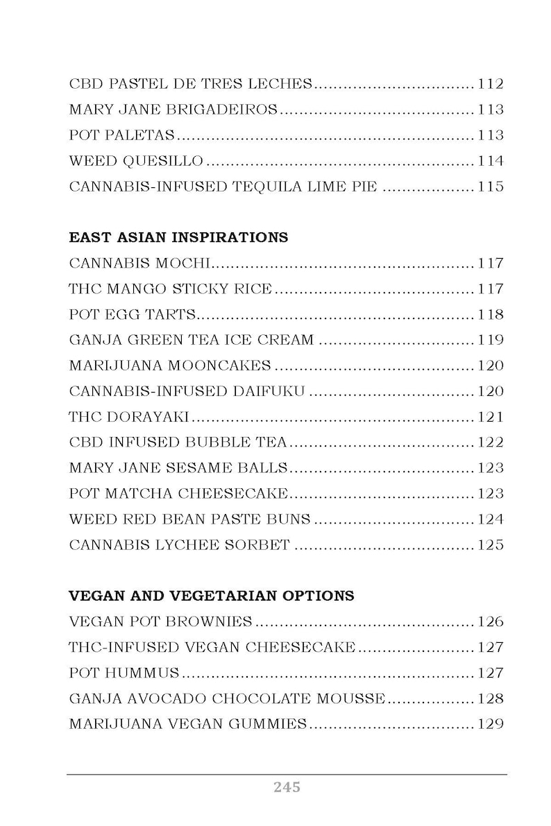 Op de afbeelding: Een menu met verschillende eet- en drankitems met cannabis-ge&iuml;nfuseerde ingredi&euml;nten. Het menu is onderverdeeld in drie secties: CBD Pastel de Tres Leches, Oost-Aziatische inspiraties en Veganistische en Vegetarische opties. Elk item wordt vermeld met een overeenkomstig nummer.
