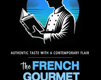 May include: A black and white illustration of a chef reading a cookbook. The chef is wearing a white toque and a white chef's jacket. The text "The FRENCH GOURMET Cookbook" is written in blue letters below the illustration. The text "Authentic Taste with a Contemporary Flair" is written in white letters above the illustration. The text "Alain Roux" is written in white letters at the bottom of the image.