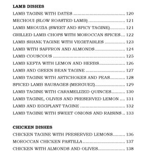 Op de afbeelding: Een pagina uit een kookboek met Marokkaanse gerechten. De titels zijn "Lamsgerechten" en "Kipgerechten", met verschillende tajines, couscous en kebabs. Het paginanummer is 206.