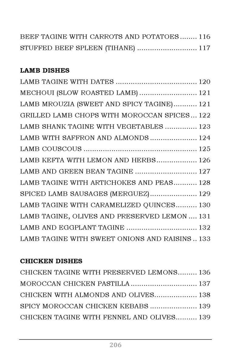 Op de afbeelding: Een pagina uit een kookboek met Marokkaanse gerechten. De titels zijn "Lamsgerechten" en "Kipgerechten", met verschillende tajines, couscous en kebabs. Het paginanummer is 206.