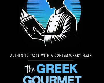 May include: A black and white illustration of a chef reading a cookbook. The chef is wearing a white chef's hat and a white chef's jacket. The chef is standing in front of a blue and white sunset. The text "The Greek Gourmet Cookbook" is written in blue letters below the illustration. The text "Authentic Taste with a Contemporary Flair" is written in white letters above the illustration. The text "Nikos Karalis" is written in white letters below the text "The Greek Gourmet Cookbook".