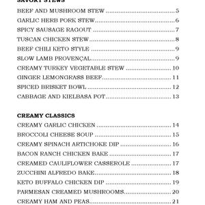 May include: A white page with a black printed recipe list. The list is divided into "Savory Stews" and "Creamy Classics" with various recipes like "Beef and Mushroom Stew" and "Creamy Garlic Chicken". Page number 50 is at the bottom.