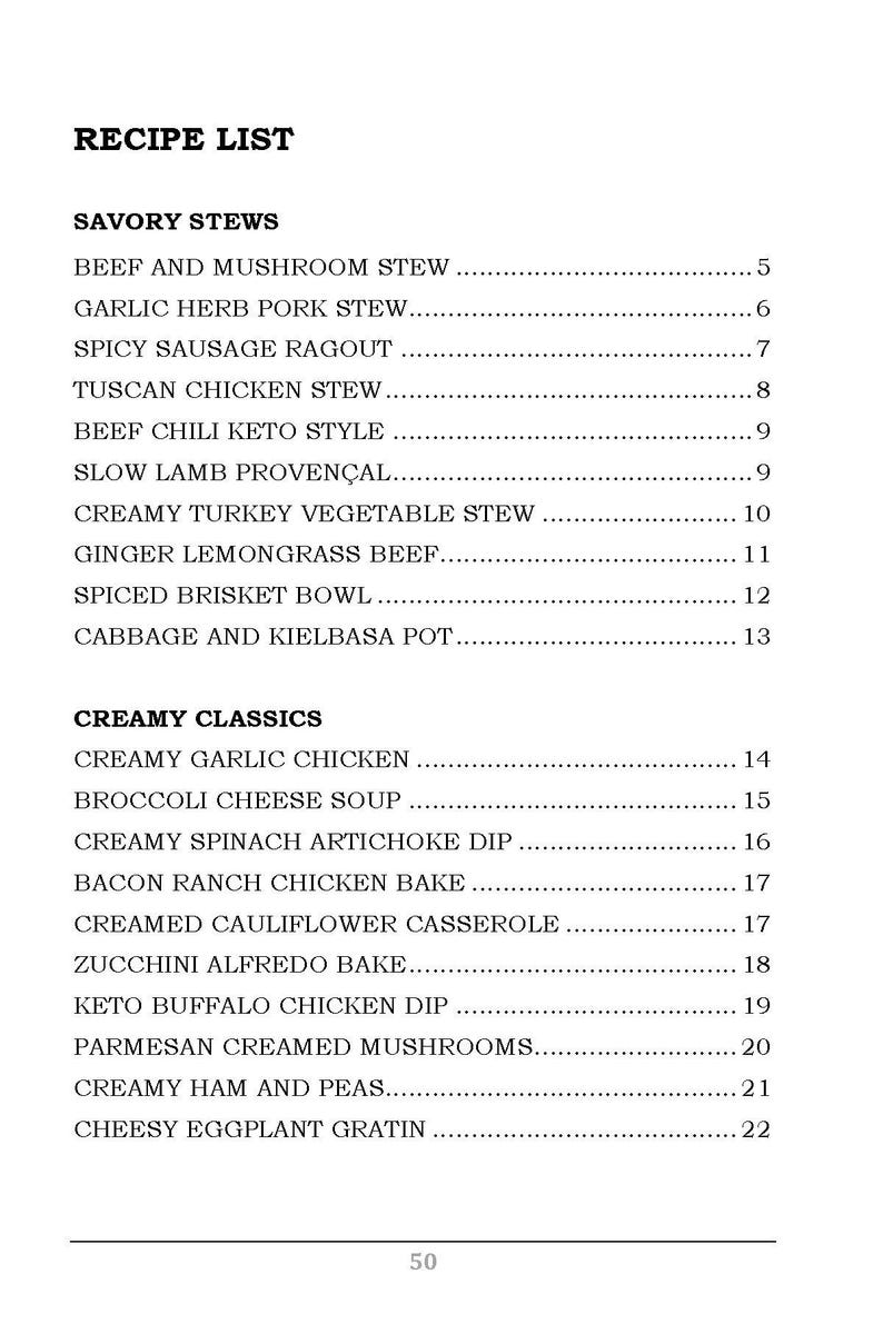 May include: A white page with a black printed recipe list. The list is divided into "Savory Stews" and "Creamy Classics" with various recipes like "Beef and Mushroom Stew" and "Creamy Garlic Chicken". Page number 50 is at the bottom.