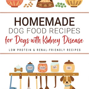 以下が含まれることがあります： 「腎臓病の犬のための自家製ドッグフードレシピ」というタイトルのイラスト入りブックカバー。食べ物、野菜、材料の瓶が入ったボウル、漫画の犬、台所用品が描かれています。