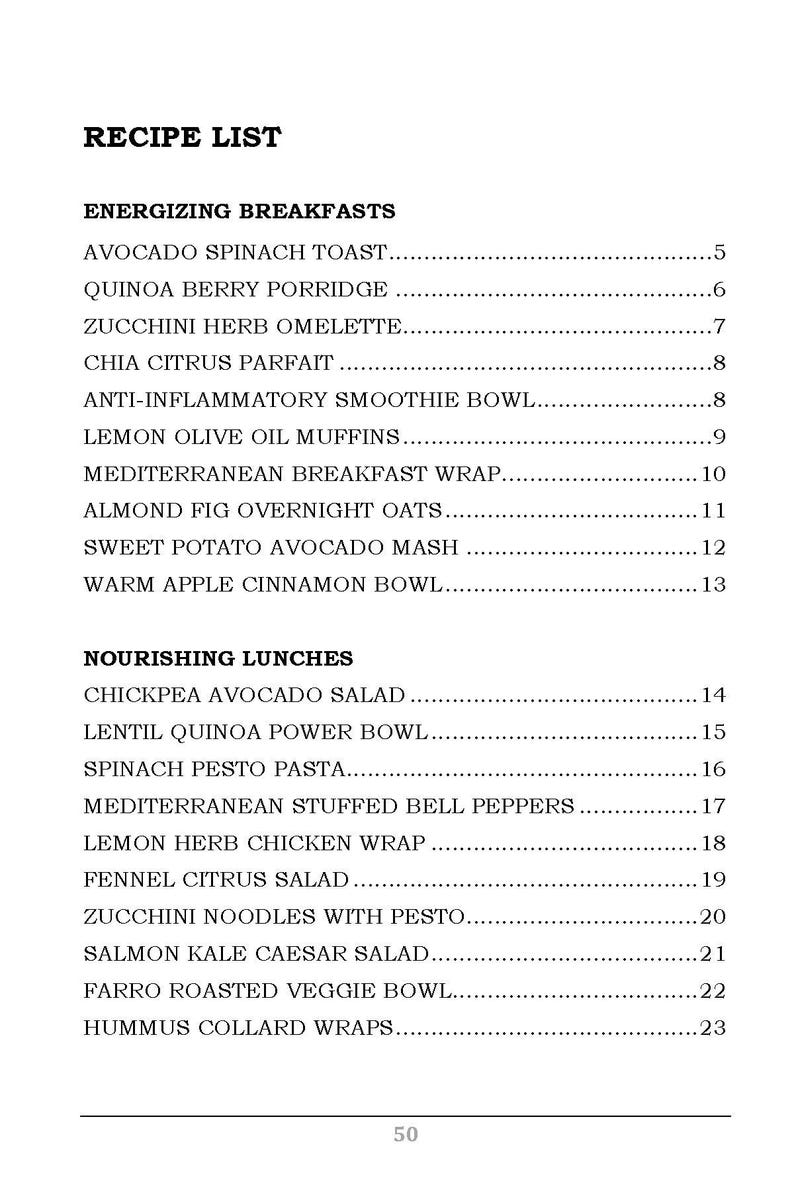 Op de afbeelding: Een zwart-witte lijst met receptidee&euml;n voor energieke ontbijten en voedzame lunches. De lijst bevat recepten zoals avocado-spinazietoast, quinoa-bessenpap, kikkererwten-avocadosalade, linzen-quinoa-powerbowl en meer.