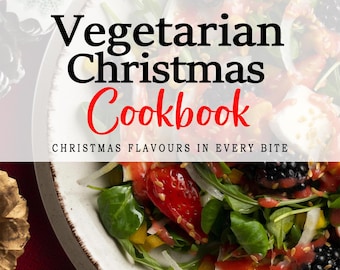 May include: A cookbook cover with a white background and a salad with red and black berries, green lettuce, and a slice of cheese. The title is "Vegetarian Christmas Cookbook" with the text "Christmas Flavors in Every Bite" below. The author's name, "Janet Johns", is at the bottom of the cover. The year "2024" is in the top right corner.