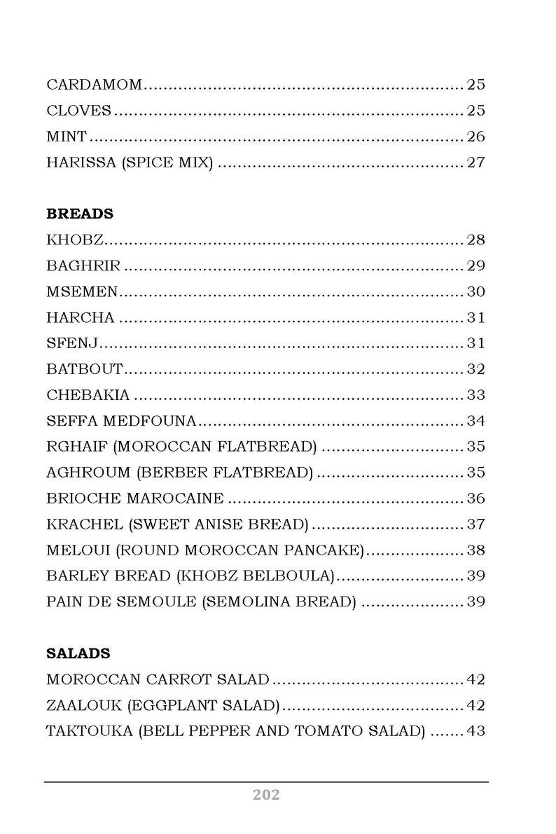 Op de afbeelding: Een pagina uit een kookboek met Marokkaanse recepten. De lijst bevat kruiden zoals kardemom, kruidnagel en munt. Broodrecepten zijn onder meer khobz, baghrir en msemen. De pagina bevat ook salade recepten. Paginanummer is 202.