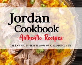 Może przedstawiać: Okładka książki kucharskiej przedstawiająca zbliżenie talerza z żółtym ryżem, mięsem i migdałami. Tytuł "Jordan Cookbook Authentic Recipes" jest wyświetlony pogrubioną czarną czcionką, a podtytuł "The Rich and Diverse Flavors of Jordanian Cuisine" mniejszą czarną czcionką. Imię autora "Zeina Al-Masri" jest wyświetlone czarną czcionką na dole okładki.