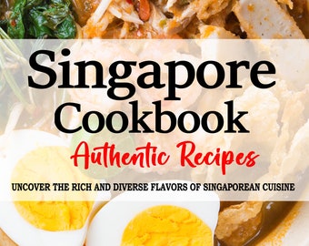 May include: A cookbook cover with a bowl of Singaporean food, including chicken, noodles, and eggs. The title of the book is "Singapore Cookbook: Authentic Recipes". The subtitle is "Uncover the rich and diverse flavors of Singaporean cuisine". The author's name is Aisha L. Smith.