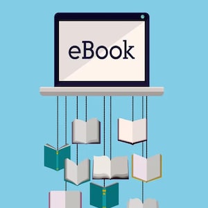 Op de afbeelding: Illustratie van een laptop met het woord "eBook" en verschillende open boeken die eronder hangen. De tekst "THIS IS A DIGITAL PRODUCT" staat bovenaan, met een disclaimer onderaan, alles op een lichtblauwe achtergrond.