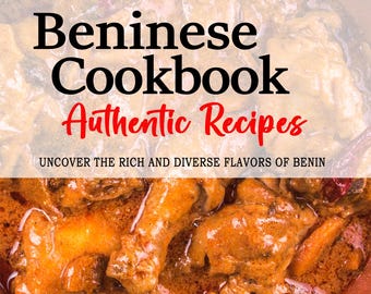 Op de afbeelding: Een close-up van een terracotta kom gevuld met een Beninese kippenstoofpot. De stoofpot heeft een rijke, rode kleur en is bedekt met rode pepers. De tekst "Beninese Cookbook Authentic Recipes" is over de afbeelding gelegd. De tekst "Uncover the rich and diverse flavors of Benin" staat onder de titel. De tekst "AWA K. ALABI" staat onderaan de afbeelding.