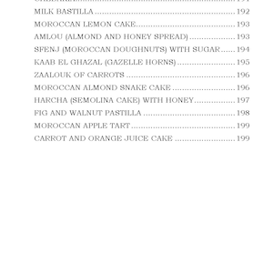 Op de afbeelding: Een pagina uit een kookboek met een lijst van Marokkaanse dessertrecepten. De tekst bevat titels als "Honey and Sesame Briouats", "Moroccan Rice Pudding" en "Carrot and Orange Juice Cake". Het paginanummer is 209.