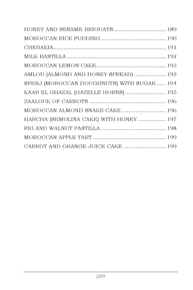 Op de afbeelding: Een pagina uit een kookboek met een lijst van Marokkaanse dessertrecepten. De tekst bevat titels als "Honey and Sesame Briouats", "Moroccan Rice Pudding" en "Carrot and Orange Juice Cake". Het paginanummer is 209.