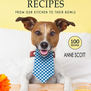 Puede incluir: Un perro blanco y marr&oacute;n con una corbata a cuadros azules y blancos est&aacute; sentado en una mesa con un plato de comida y un vaso de jugo de naranja. El texto "HOMEMADE DOG TREAT RECIPES" est&aacute; en la parte superior de la imagen. El texto "FROM OUR KITCHEN TO THEIR BOWLS" est&aacute; debajo del t&iacute;tulo. El texto "100 RECIPES" est&aacute; en un c&iacute;rculo amarillo. El texto "ANNE SCOTT" est&aacute; debajo del c&iacute;rculo. El texto "CELEBRATE AND NOURISH YOUR FURRY FRIEND" est&aacute; en la parte inferior de la imagen.