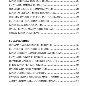 Pode incluir: Um menu preto e branco com o t&iacute;tulo "Backyard BBQ" e "Soulful Sides". O menu lista v&aacute;rios pratos cetog&ecirc;nicos com seus pre&ccedil;os correspondentes.