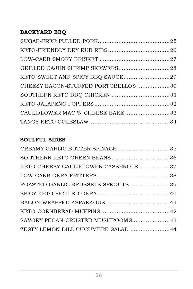 Pode incluir: Um menu preto e branco com o t&iacute;tulo "Backyard BBQ" e "Soulful Sides". O menu lista v&aacute;rios pratos cetog&ecirc;nicos com seus pre&ccedil;os correspondentes.