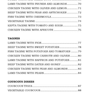 Op de afbeelding: Een pagina uit een kookboek met een lijst met recepten. De tekst bevat verschillende tajine- en couscousgerechten, zoals Lams-tajine met vijgen en Couscous Tfaya. Het paginanummer is 204.